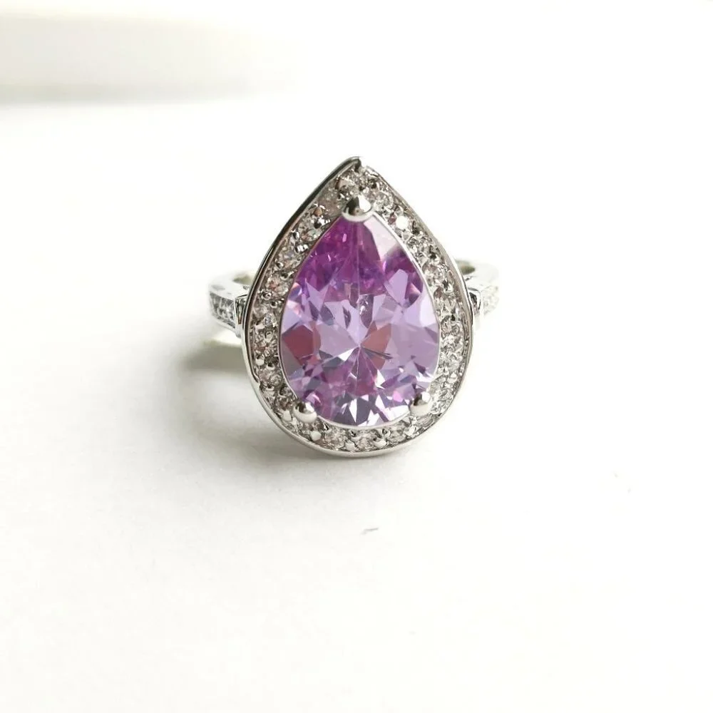 6ct teardrop pear cut lavender Amethyst cz halo cz ring size 8 🆕